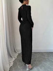 Selianne 1 件男士纯色圆领长袖开衩下摆休闲长款束腰连衣裙女装秋季服装 - 黑色 - 查看 2