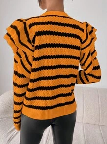 Chiquease 休闲条纹圆领荷叶边下摆宽松针织毛衣，秋冬