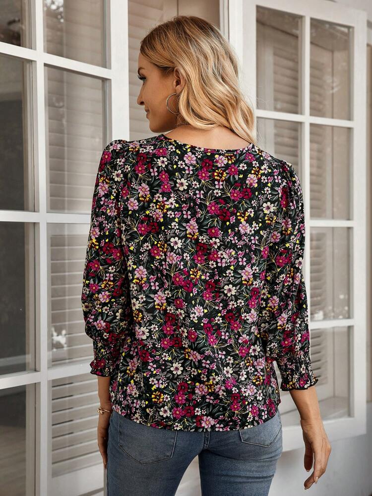 Women Floral Print Shirred Casual Long Sleeve Blouse