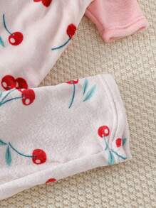 2 件青少年女孩樱桃图案保暖内衬长袖上衣和裤子家居服套装，舒适又温暖