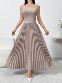 Modelyn Women Solid Color Square Neck Pleated Hem Dress And Shawl Neck Cropped Jacket Set, Spring/Autumn 2 Pieces Set - Apricot - View 6