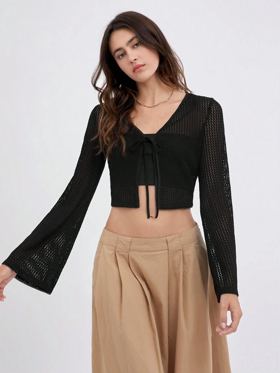 SHEIN EZwear Tie Front Bell Sleeve Crop Top - Black - View 1