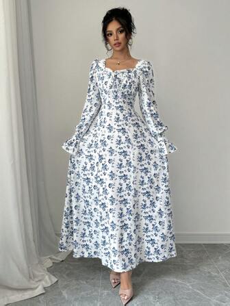 Rafferiza 优雅花卉印花方领连衣裙，荷叶边饰边，荷叶边袖，珍珠纽扣装饰，适合春秋季长款女装