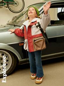 SHEIN Parka avec poches blocs de couleurs et patchwork, doublée thermique, pour jeune fille, pour l'hiver