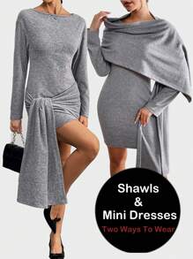 SHEIN Essnce 2 paquetes de Vestido mini ajustado de punto de color gris sólido informal para mujer - Conjunto de 2 piezas de vestido y chal para mujer en invierno - Gris - Ver 1