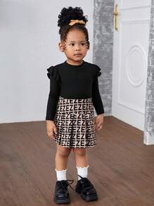 SHEIN 2pcs Baby Girls Cute Black Knitted Ruffle Trim Top And Letter Print Skirt Outfit, Fall/Winter - Multicolor - View 7
