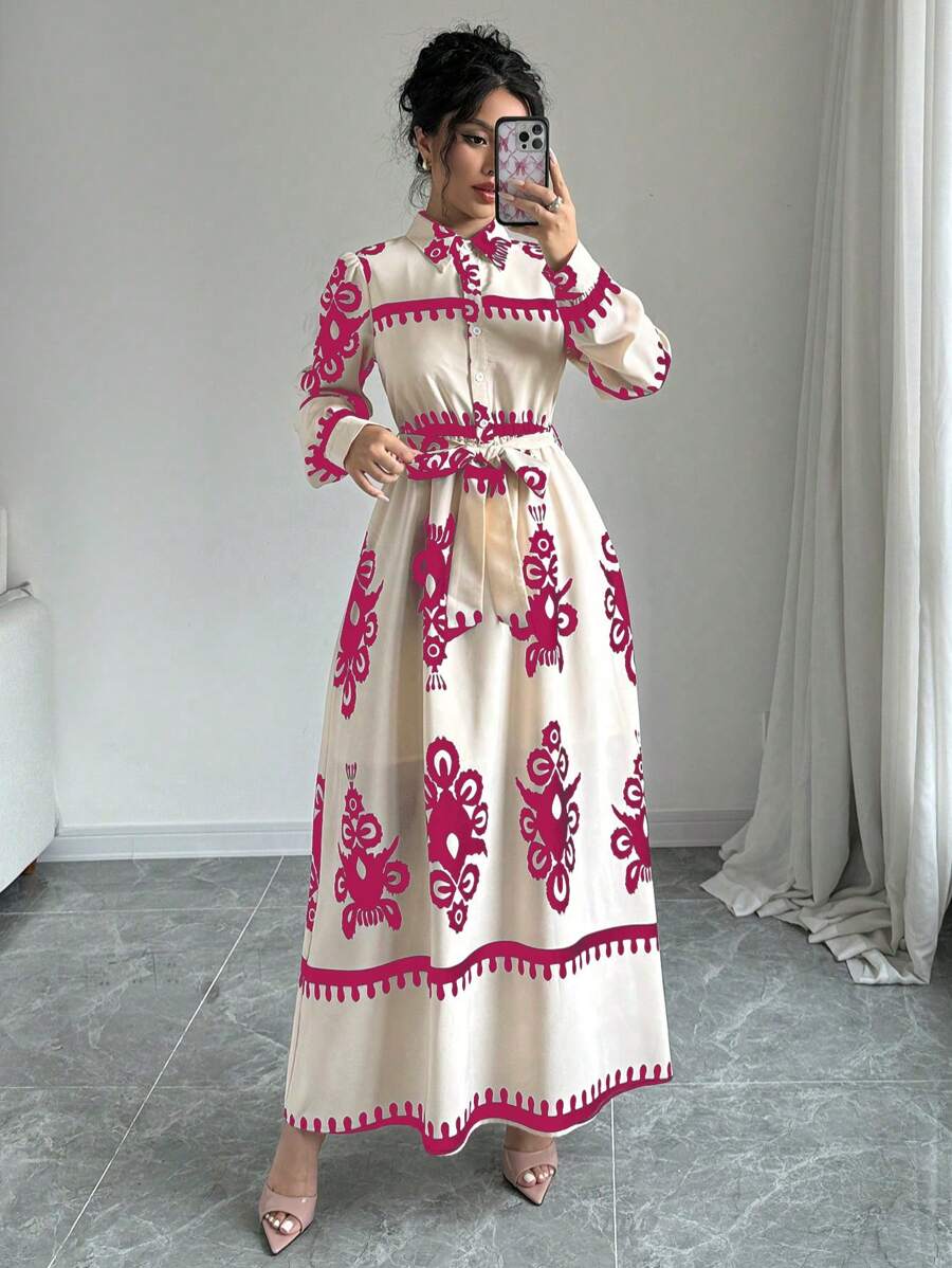 Elenzga 1 chiếc váy sơ mi họa tiết cổ bẻ dài tay phong cách đi làm thanh lịch cho nữ (Thiết kế in) - Hồng - Xem 1