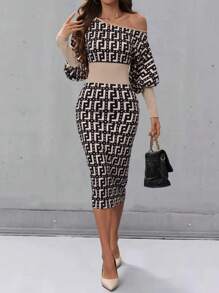 SHEIN Clasi Asymmetrical Neckline Geometric Print Women Long Sleeve Elegant Dress Maxi Women Outfit