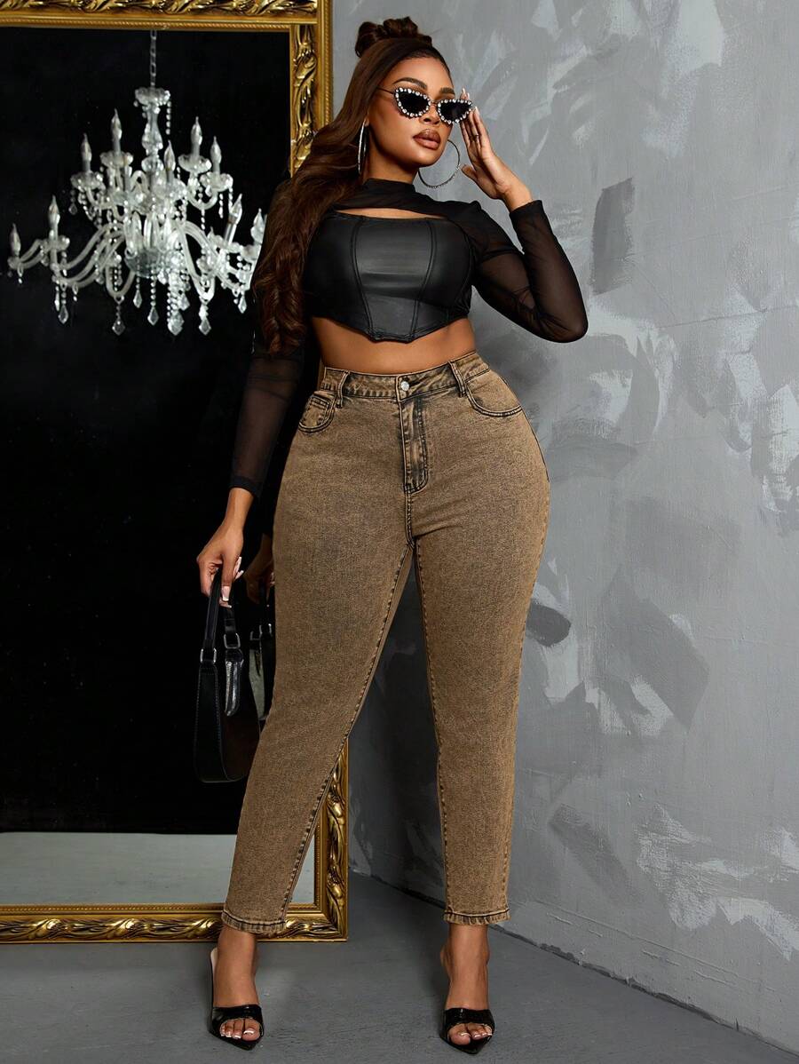 SHEIN SXY Plus Size Stretchy Denim Black Skinny Jeggings - Ginger - View 1