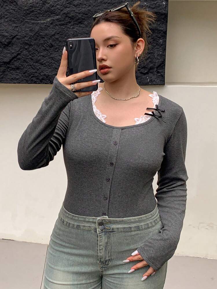 Dazy Petite Plus Plus Size Lace Patchwork Bow Decor Fitted Elegant T-Shirt,Fall Clothes Long Sleeve Women Tops