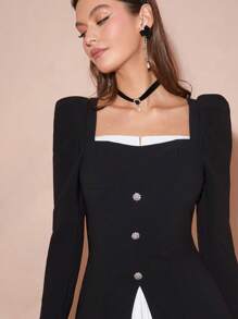 Enchnt 女士秋季日常装拼色纽扣装饰方领连衣裙