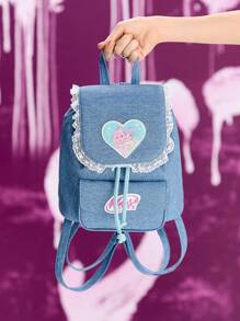 Winx Club X ROMWE Mochila de mezclilla con bolsillo con cremallera multifuncional, adornos con letras de dibujos animados y encaje - Azul - Ver 1