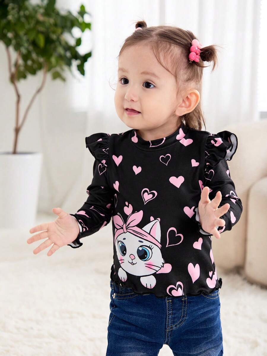 SHEIN Baby Girl Cute Cartoon Pattern Ruffle Trim Long Sleeve Knit Top, Versatile Autumn/Winter - Black - View 1