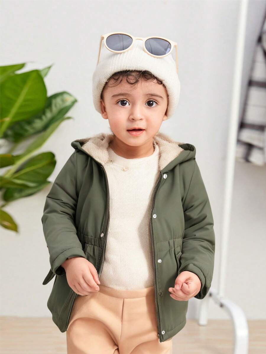 SHEIN 男女通用婴儿保暖内衬连帽实用夹克，带口袋，休闲长外套，适合日常穿着 - 軍綠色 - 查看 1