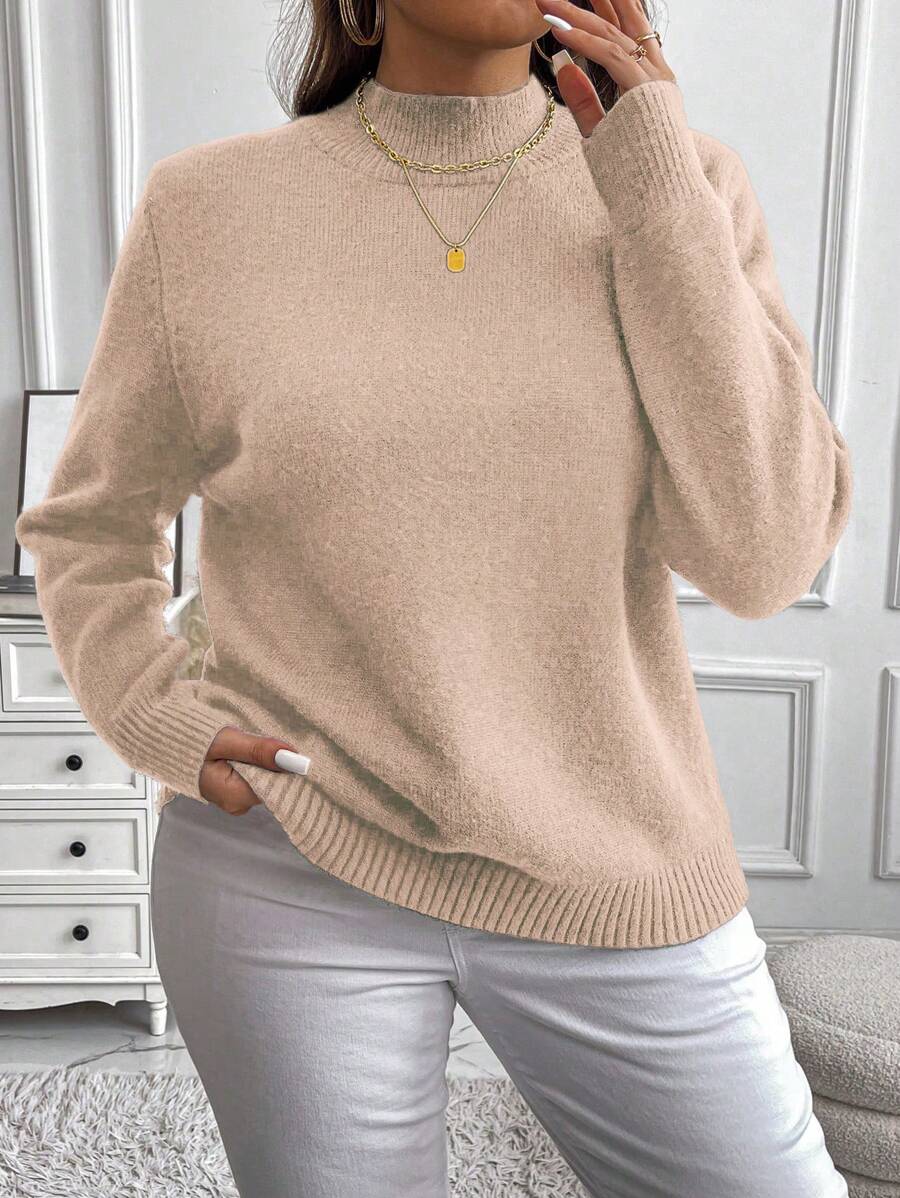 Flirla Plus Size Women Casual Minimalist Solid Color Drop Shoulder Loose Fit Pullover Sweater Knit Pullover Fall Winter - Apricot - View 1