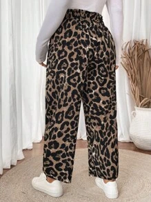 SHEIN VCAY Plus Size Leopard Print Paper Bag Waist Casual Pants - Multicolor - View 2