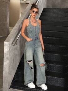 SHEIN Mono de peto de mezclilla azul vintage con tirantes tipo espagueti y rasgados para chicas adolescentes - Azul lavado medio - Ver 3