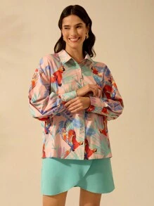 CAJUNI Women's Boho Colorful Parrot Print Loose Fit Drop Shoulder Long Sleeve Blouse, Casual Summer Beach Vacation