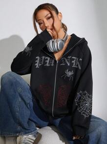 Flirla Reflective English Graphic Hooded Zip-Up Long Sweatshirt