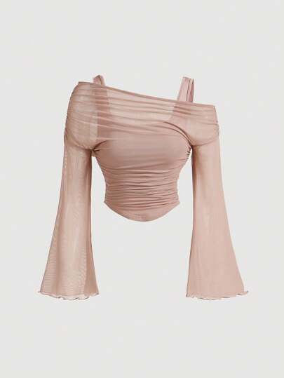 SHEIN MOD Dusty Pink Off-Shoulder Mesh 2in1 Trumpet Sleeve Long Sleeve Women's Top,Western,Vintage,70s,The Bachelorette