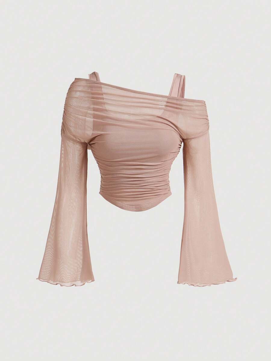 SHEIN MOD Dusty Pink Off-Shoulder Mesh 2in1 Trumpet Sleeve Long Sleeve Women's Top,Western,Vintage,70s,The Bachelorette
