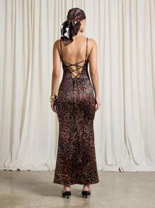 AiiRZ Leopard Print Cowl Neck Spaghetti Strap Backless Fitted Maxi Dress With Matching Bandana - Brown - View 2