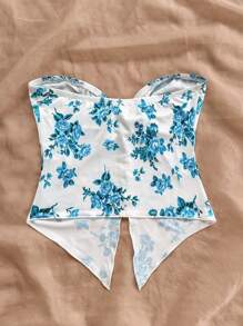 Soleia Blusa de gasa cómoda con estampado floral azul y blanco, corte halter y abertura frontal, adecuada para té de la tarde, temporada de graduación, y como capa para el invierno