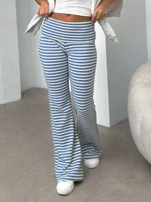 Damen gestreifte Hose mit Bundfalte und weitem Bein, lässiger Alltagsartikel - Babyblau - Übersicht 6