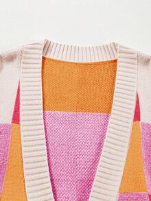 Acelitt 女士彩色格子撞色可爱休闲宽松长袖开衫，秋冬 - 彩色 - 查看 3