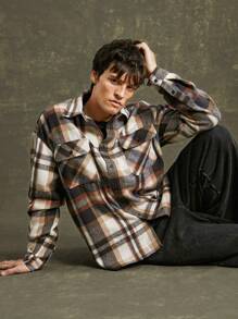 Camisa de franela a cuadros con botones para hombre