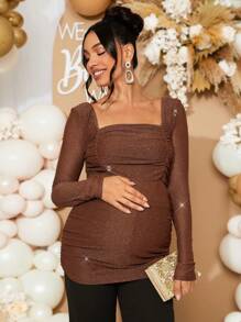 Loomaby Maternity Solid Color Square Neck Long Sleeve Ruched Casual T-Shirt, For Baby Shower Party - Coffee Brown - View 5