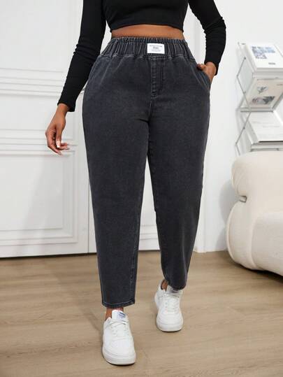 Firerie Pantalones capri negros entallados de talla grande para mujer, ropa de calle informal con cintura elástica