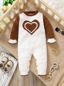 Adorable Baby Essential! Thickened Chenille Romper, Round Neck Long Sleeve Design To Keep Warm, All-In-One Style For Convenient And Comfortable Wear, Heart Pattern Embellishment Adds Sweet Vibe, Creates Lovely Crawling Time For Your Little One, Every Step Filled With Love And Warmth - Beige - View 4
