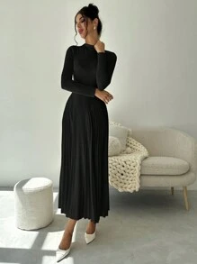 Firerie 女士优雅褶皱 A 字形长袖紧身连衣裙，百搭秋季 - 黑色 - 查看 4