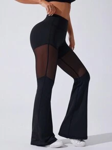 Slayform Quần legging ống loe lưới vá lưng thun màu trơn, thích hợp cho tập yoga - màu đen - Xem 6