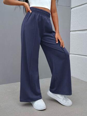 SHEIN Tween Girls Casual Solid Color Straight Leg Knit Pants For Fall/Winter