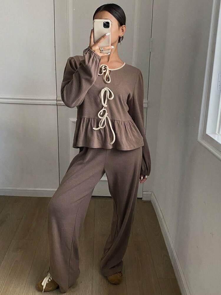 Women Color Block Bow Decor Lantern Sleeve Peplum Top & Straight Leg Loose Pants 2 Pieces Set, Spring/Autumn,Fall Women Clothes