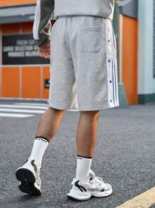 Sport MetroGents 男友风男士抽绳腰侧条纹宽松休闲运动短裤灰色短裤 - 灰色 - 查看 5