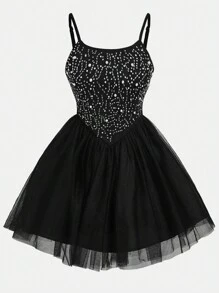 SHEIN Leap Crew Teen Girl's Black Rhinestone & Beaded Mesh Contrast Elegant Ruffle Short Party Dress - Black - View 5