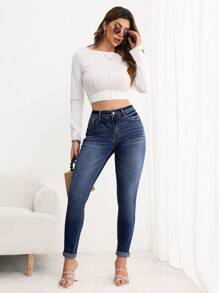 SHEIN LUNE Jeans de mezclilla minimalistas con bolsillo y botones frontales para mujer, uso casual diario