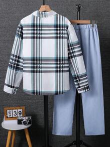 2 件青少年男孩时尚格子衬衫和牛仔裤套装，秋冬季时尚休闲装 - 彩色 - 查看 2