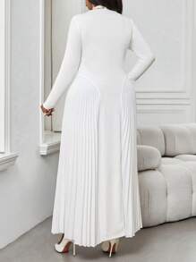 SHEIN Lady Autumn And Winter Elegant Work Office White Knitted Stand Collar Pleated Flowy Pleated Long Long Sleeve Plus Size Dresses Fall Women Outfits Winter Women Dress Elegant Women Dresses Fall Clothes Curve