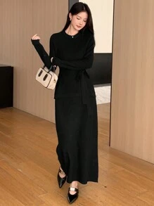 DAZY 2 件女式纯色圆领长袖毛衣和超长针织裙套装，优雅秋冬季 - 黑色 - 查看 2