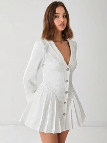 Enchnt Gaun Wanita Model V-Neck Kancing Depan Lengan Panjang Berlipit Modis dan Elegan - Putih - View 3