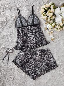 豹纹蕾丝边罩杯吊带背心上衣和短裤 2 件套睡衣套装 - 黑與白 - 查看 2