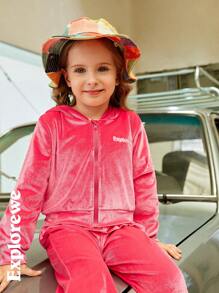 SHEIN 2 件套女孩刺绣字母天鹅绒柔软有弹性运动休闲装，时尚舒适 - 粉色 - 查看 9