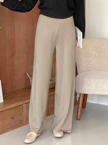 DAZY 1pc Women Solid Color Wide Leg Knitted Pants, Suitable For Autumn/Winter - Apricot - View 3
