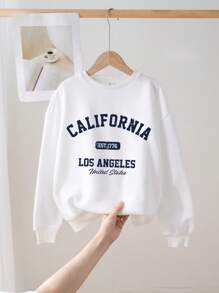 SHEIN Sudadera oversize con estampado de letra de estilo universitario, blanco, confort otoñal/de regreso a clases para niñas preadolescentes