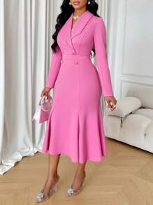 SOLERSUN 优雅淑女双排扣西装领连衣裙长款女装秋季服装 - 粉色 - 查看 4