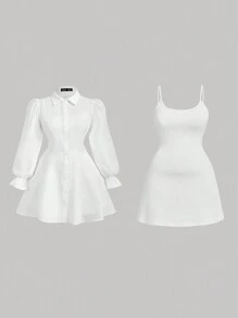 SHEIN MOD 大码拼色长袖衬衫裙配背心，学院风，两件套服装，自由打底裙，舞会礼服，教师礼服，办公室服装，返校节礼服，返校礼服，商务休闲女装 - 黑與白 - 查看 11